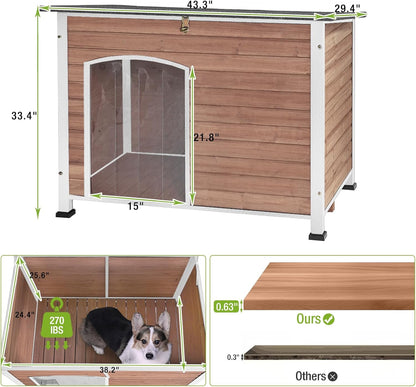 GUTINNEEN Dog House Outdoor Weatherproof with Anti-bite Metal Frame Large Indoor Wooden Dog Kennel
