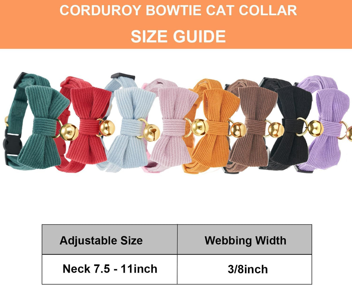 2 Pack Soft Corduroy Cat Collars with Bow Tie & Bell, Adjustable Breakaway Cotton Kitty Bowtie