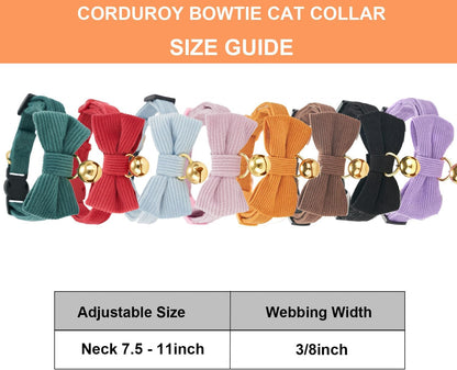 2 Pack Soft Corduroy Cat Collars with Bow Tie & Bell, Adjustable Breakaway Cotton Kitty Bowtie
