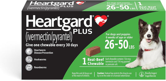 HEARTGARD® Plus (ivermectin/pyrantel) Real-Beef Chewables for Dogs 26-50 lbs (Green Box) 1 Month