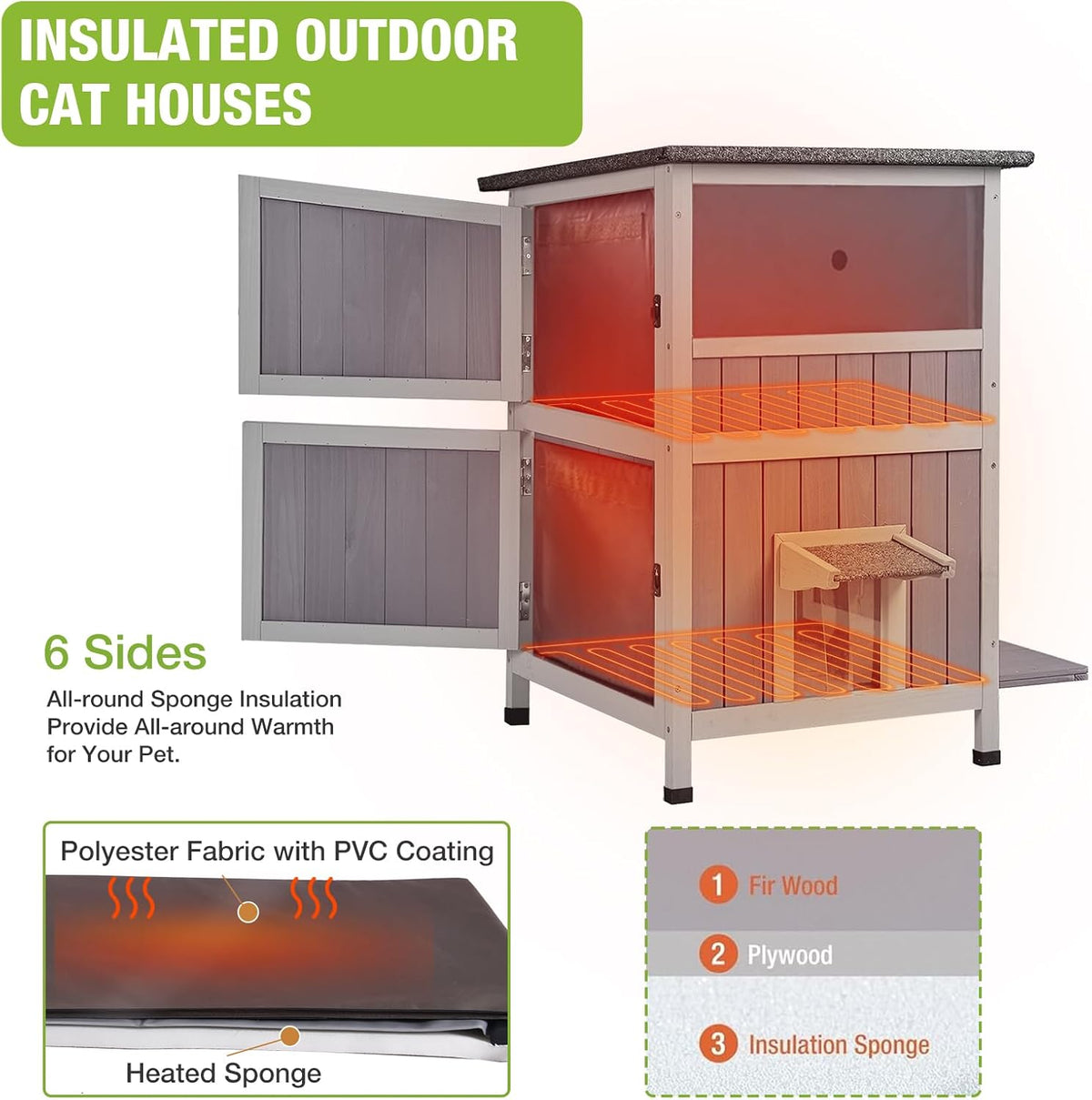GUTINNEEN Outdoor Heated Cat House for Winter, Weatherproof Wooden Feral Cat Shelter with Escape