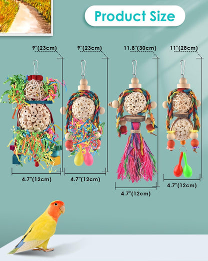 Bissap Conure Toys, 4 PCS Bird Parrot Foraging Shredder Hanging Toys Sola Balls with Sand Hammer