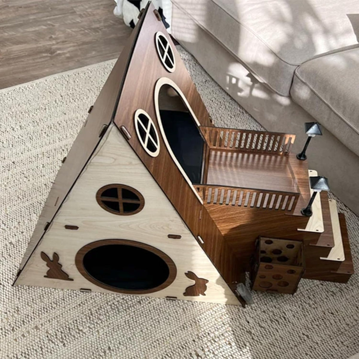 Large Modern Wooden Rabbit Castle House Hutch - Bunny Hideout Indoor Habitats - Pet 2-Story Home