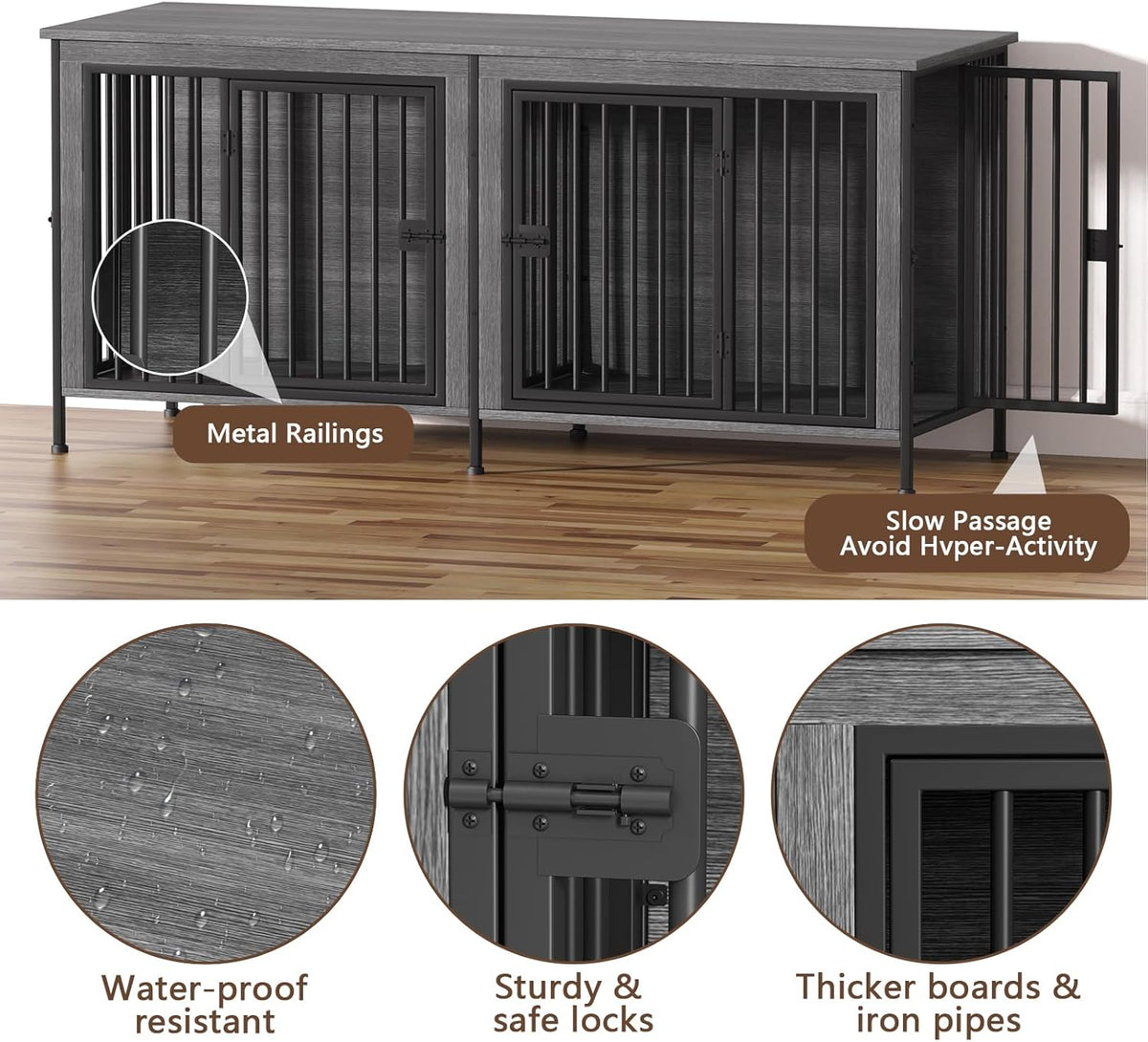 EasyCom 78 Inch Dog Cage Furniture for 2 Pets with Divider, XXL Wooden Double Dog Crate Furniture