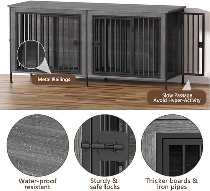 EasyCom 78 Inch Dog Cage Furniture for 2 Pets with Divider, XXL Wooden Double Dog Crate Furniture