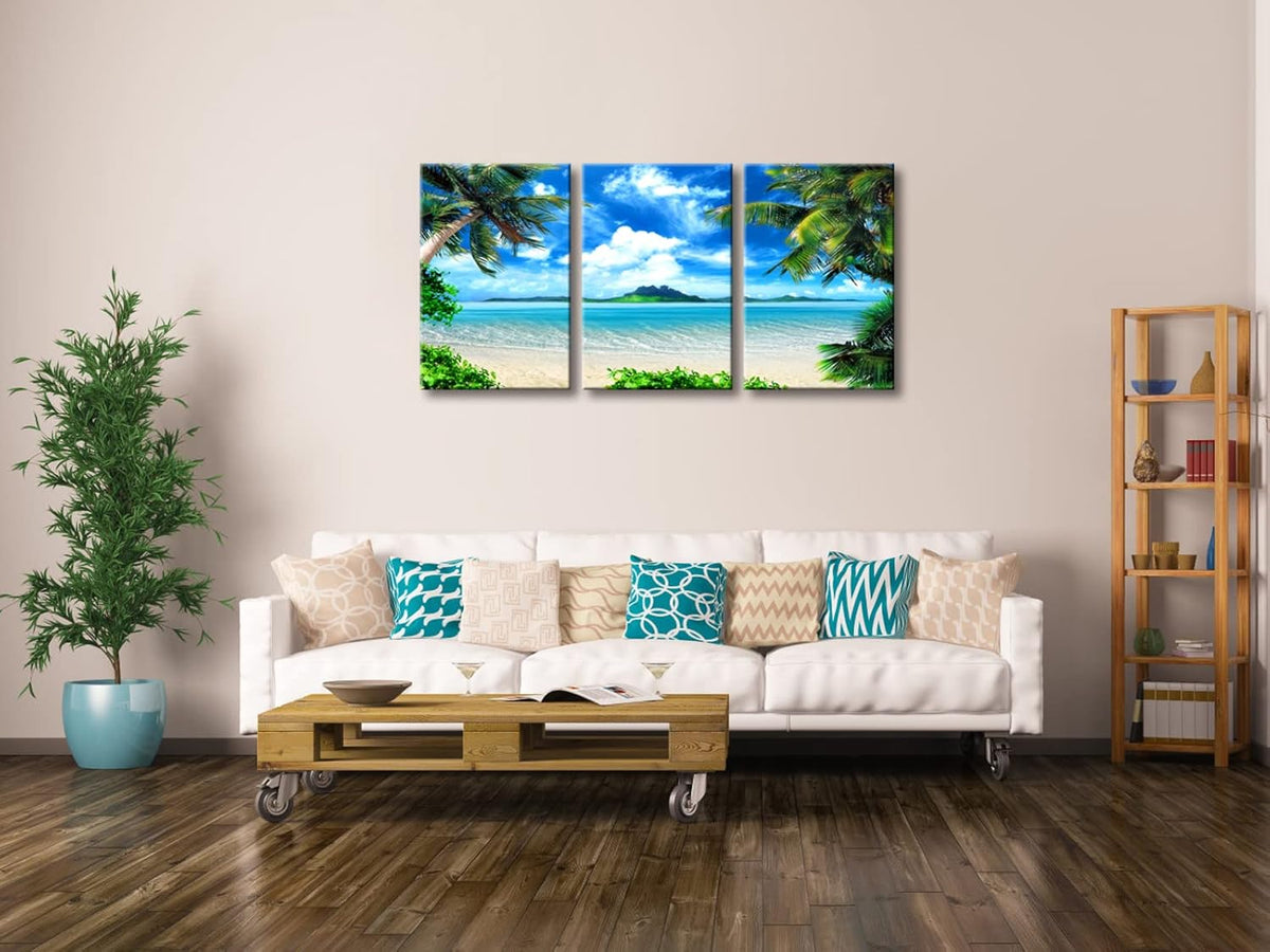 Wieco Art 3 Piece Blue Sea Beach Canvas Prints Modern Stretched Wall Art Seascape Pictures