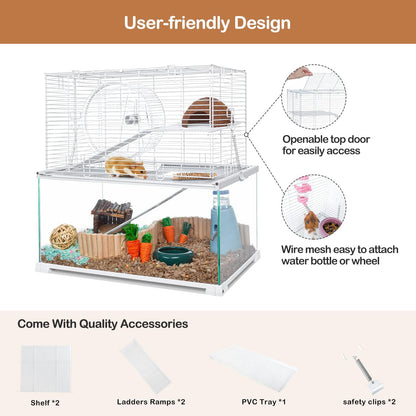 OIIBO 3 Tiers Large Hamster Cages Glass, Heightened Wire Topper with Two Shelf and Two Ladders