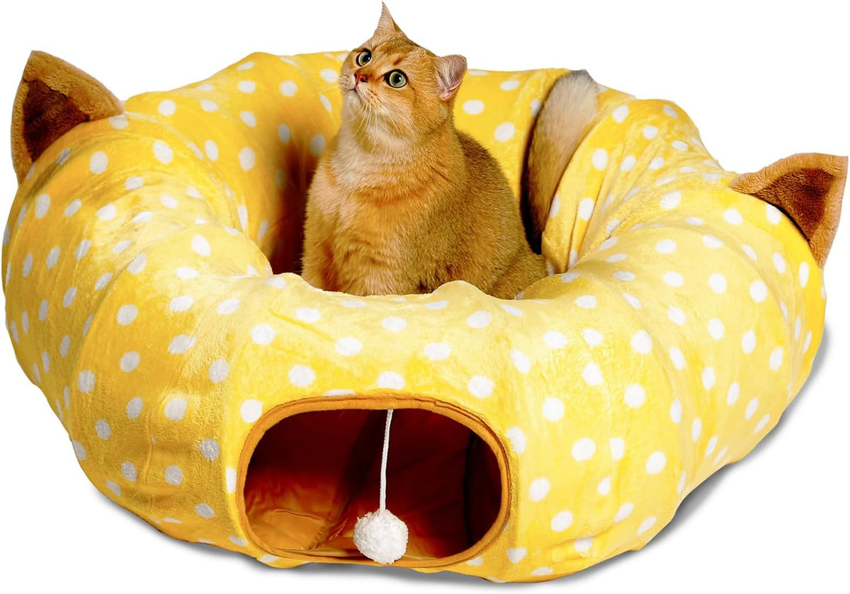 AUOON Cute Cat Donut Tunnel - Round Cat Tunnel Bed with Washable Cushion Interactive Cat Toy for