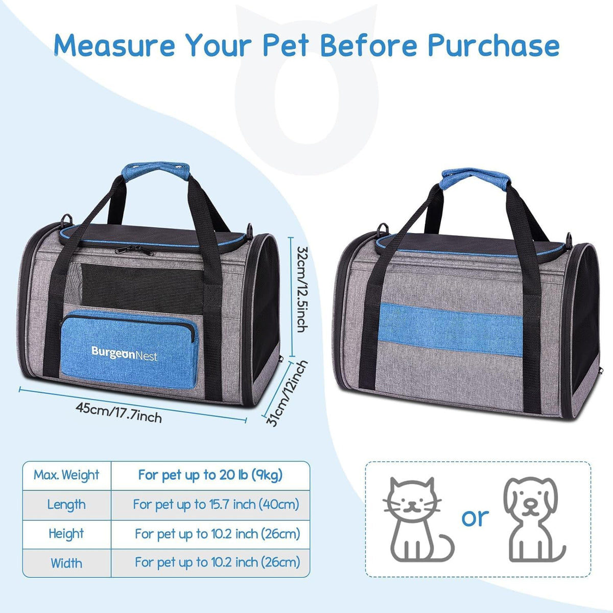 BurgeonNest Cat Carrier for Large Cats 20 lbs,Medium Pet Under 25 lbs,2 Puppy and Small Dogs with