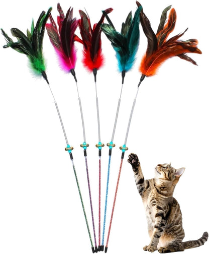 Cat Wand Toy Feather Sticks - 5 Piece Interactive Wands Toy Set with Feathers, Durable Spring