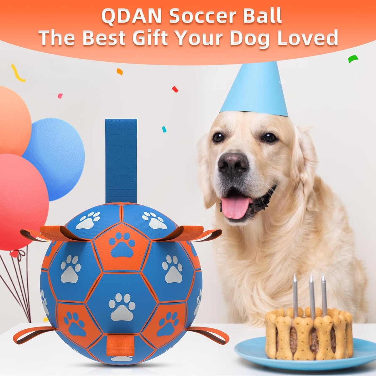 QDAN Dog Ropes Toys Soccer Ball with Straps, Puppy Birthday Gifts, Tug Toy, Durable Dog Balls for