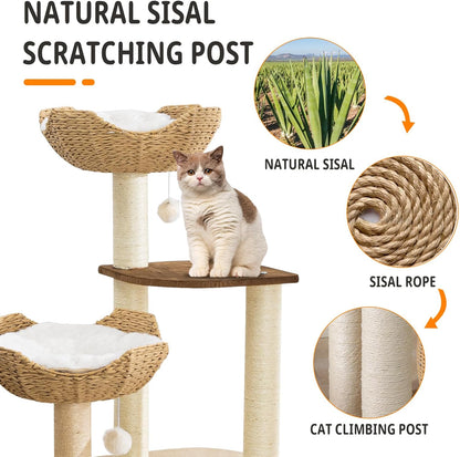 Big Modern Design Cat Tree Tower with White Cloud Mat, Unique Cat Supplies Tower with Scratching
