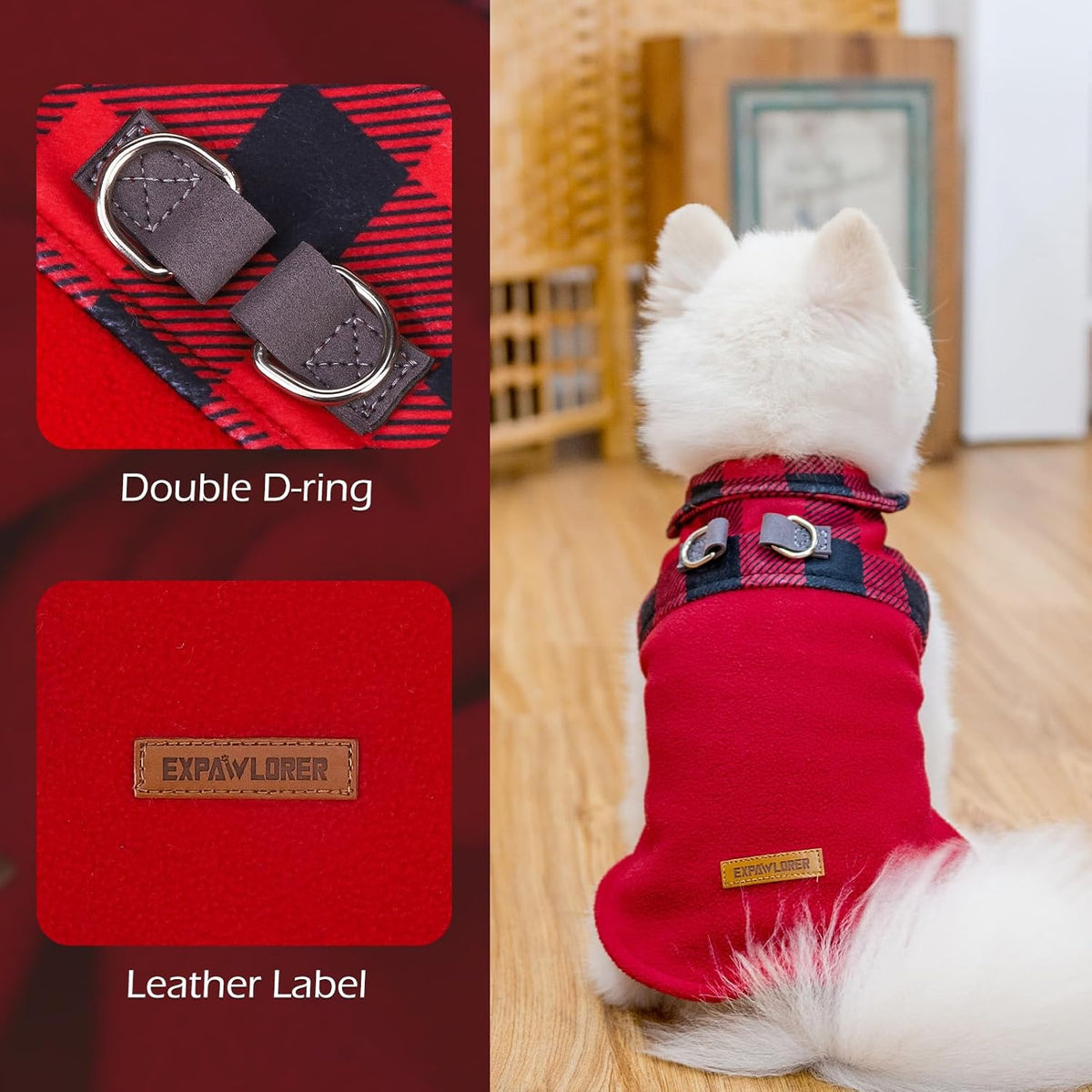 EXPAWLORER Fleece Dog Sweater for Small Medium Dogs - Classic Plaid Jacket, Doggie Winter Coat Vest