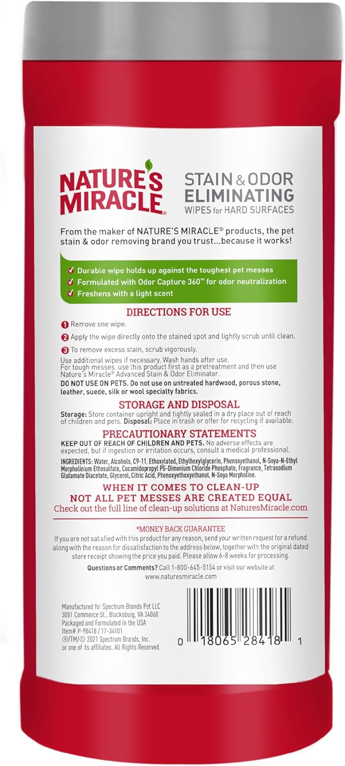 Nature’s Miracle Advanced Stain And Odor Eliminating Wipes for Hard Surfaces, 30 Count, Enzymatic