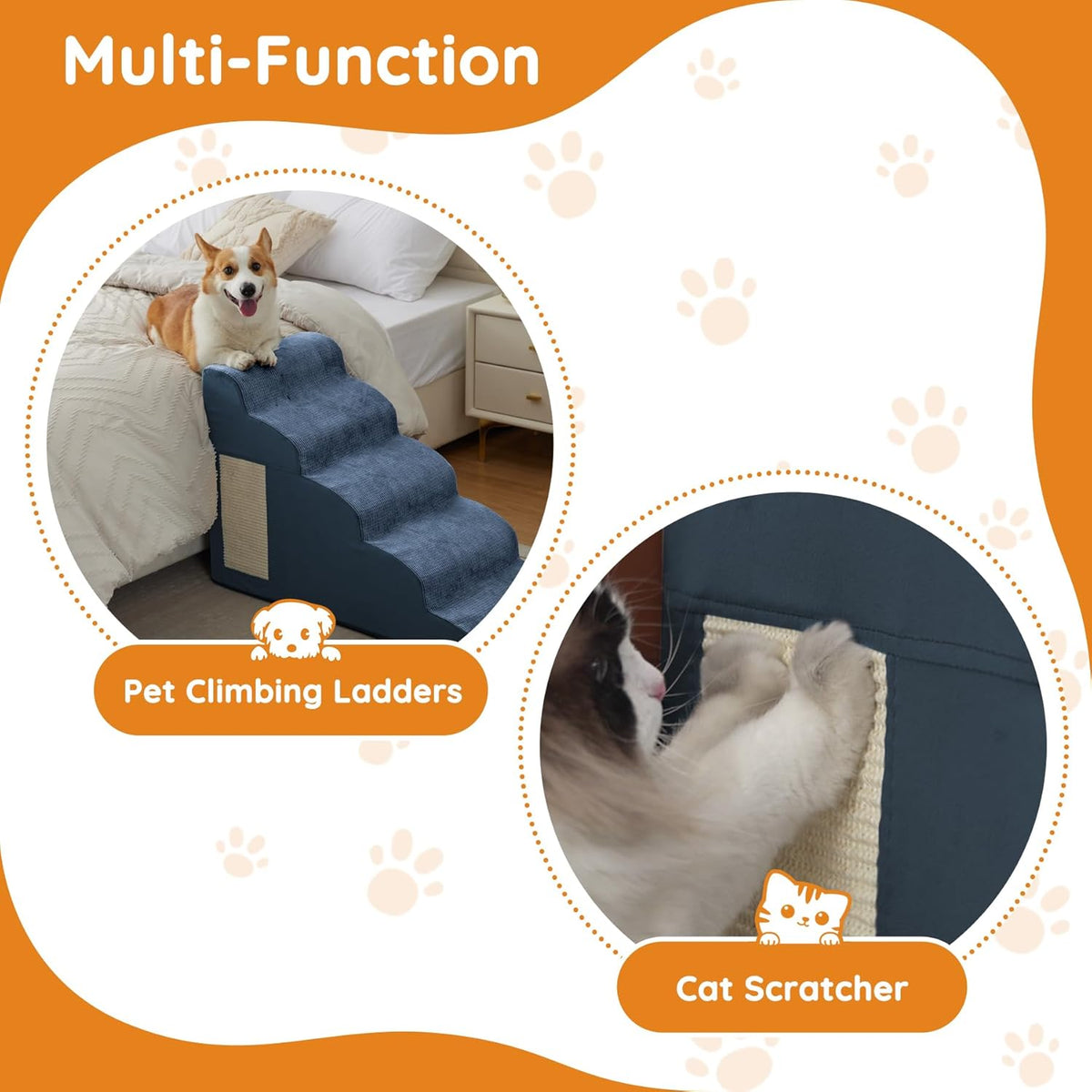 Pet Stairs for Small Dogs - 3-Step Curved Dog Ramp for Bed, Couch, Sofa, Car and Chairs - Non-Slip