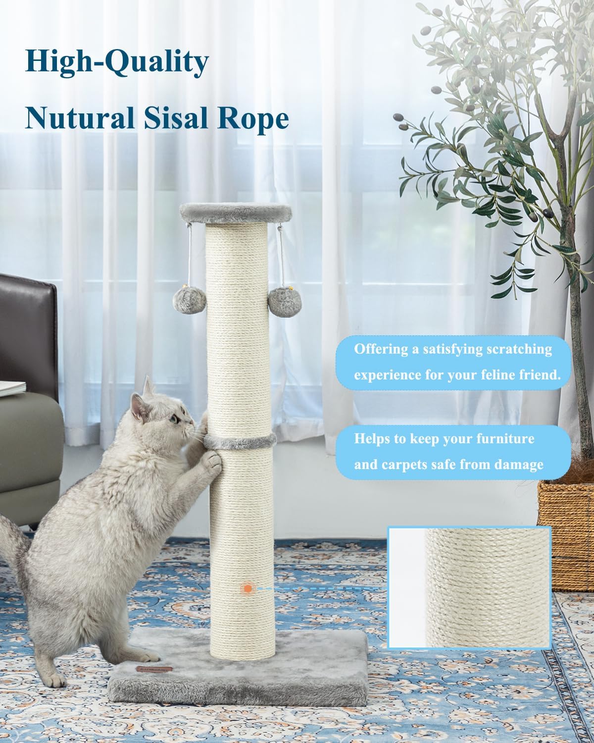 Kilodor 34Inch Tall Cat Scratching Post,4.3Inch Diameter Large Sisal Cat Scratch Post with Ball