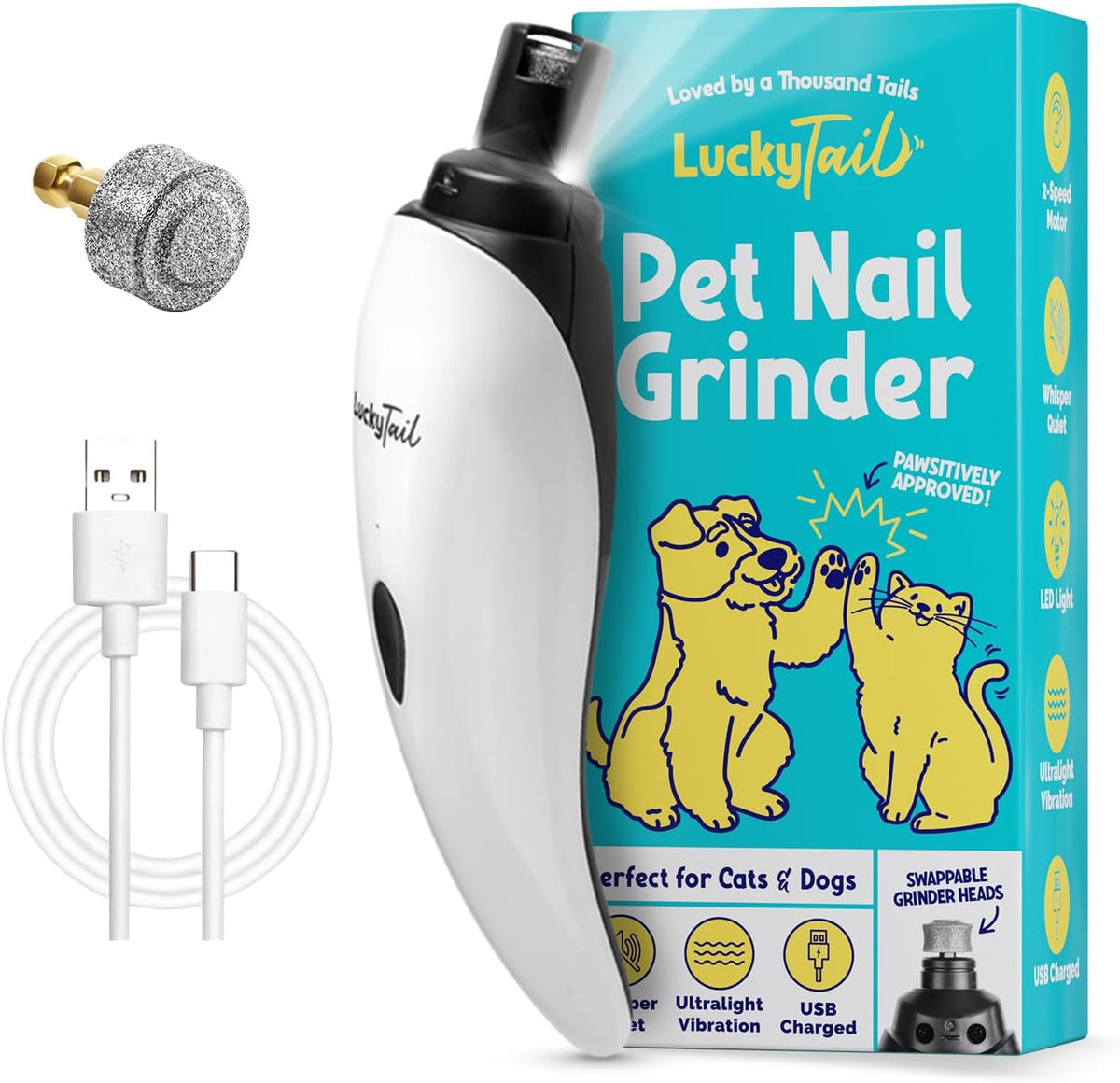 LuckyTail Pet Nail Grinder for Dogs and Cats - Super Quiet and Low Vibration Electric Dog Nail