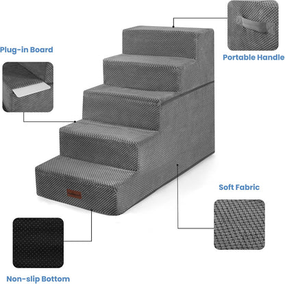 Dog Stairs for High Bed 22.6" H,5-Step Dog Steps for Small Dogs and Cats,Indoor Non-Slip Balanced