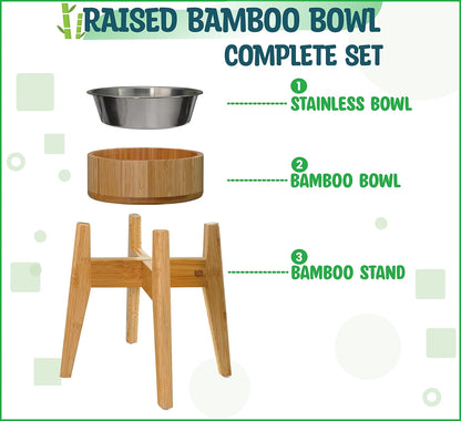 Dog Bowls Elevated, 12-inch High, 5-Cup Cap - Set of Bamboo Holder, Stainless Inner Dish and Stand