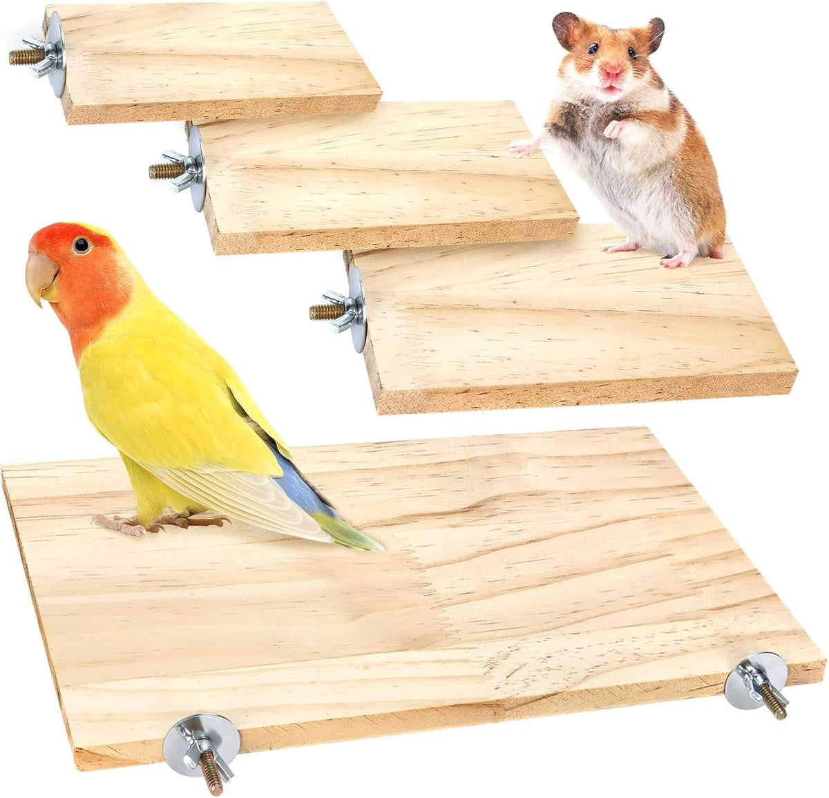BILLIOTEAM 4-Size Bird Platforms with Wood Perches and Stand Boards - Habitat Cage Corner Shelves