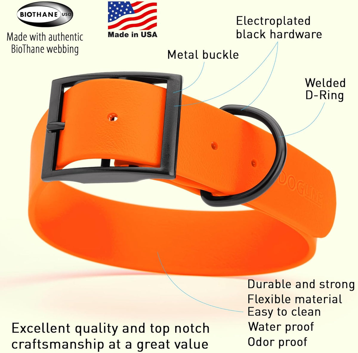 Dogline Biothane Waterproof Dog Collar Strong Coated Nylon Webbing with Black Hardware Odor- Proof