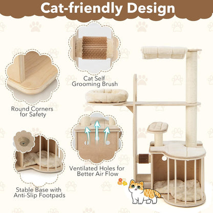 Tangkula Wood Cat Tree for Indoor Cats, 55 Inch Multi-Level Cat Tower Activity Center with Hammock