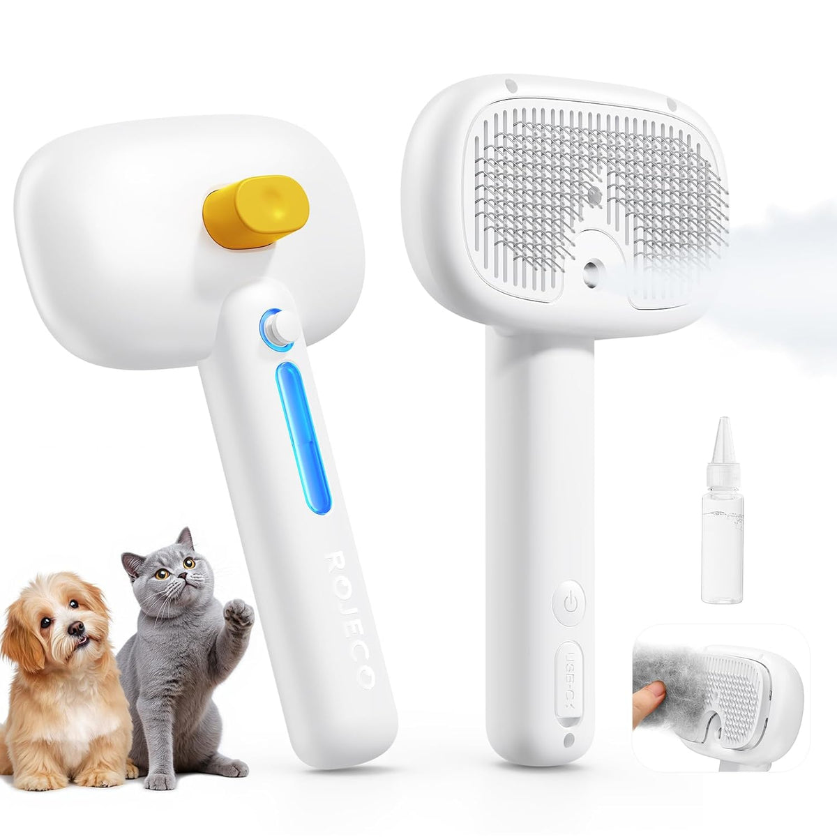 ROJECO 3-in-1 Pet Steam Brush for Cats&Dogs-Pet Spray Hair Removal Detangling Comb with Adjustable