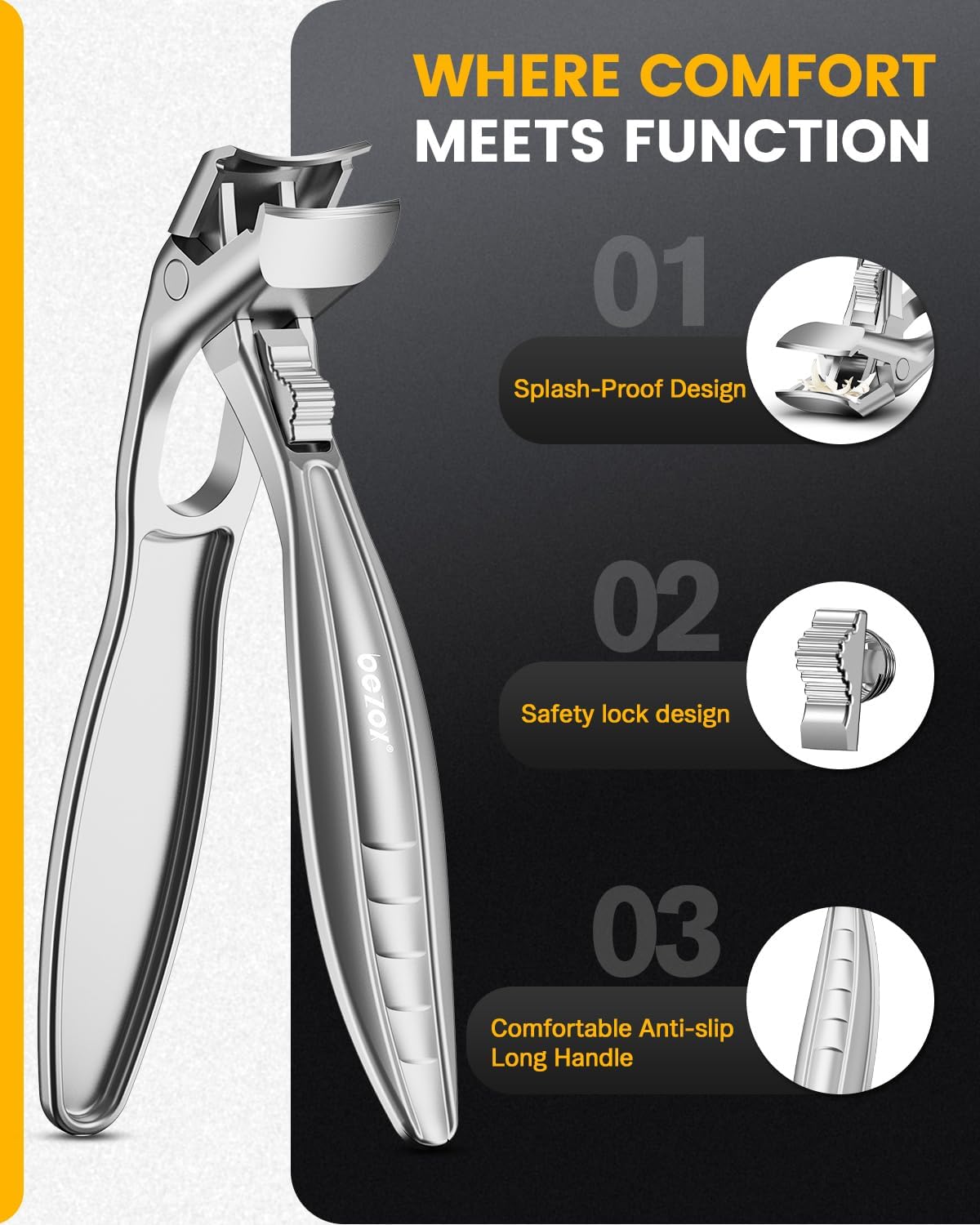 BEZOX Curved Toenail Clippers for Seniors – Safety Lock, Wide Opening, and Anti-Slip Grip Nail