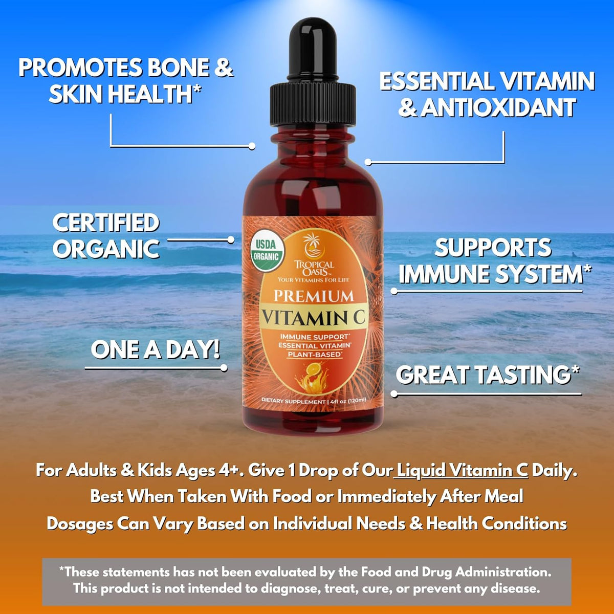 Tropical Oasis USDA Organic Liquid Vitamin C Drops for Adults & Kids | Supports Healthy Immune
