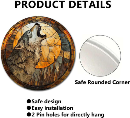 Lygond Metal Sign Tin Sign Circular Stained Glass Gray Wolf Bar Signs for Home Bar for Bar 8×8