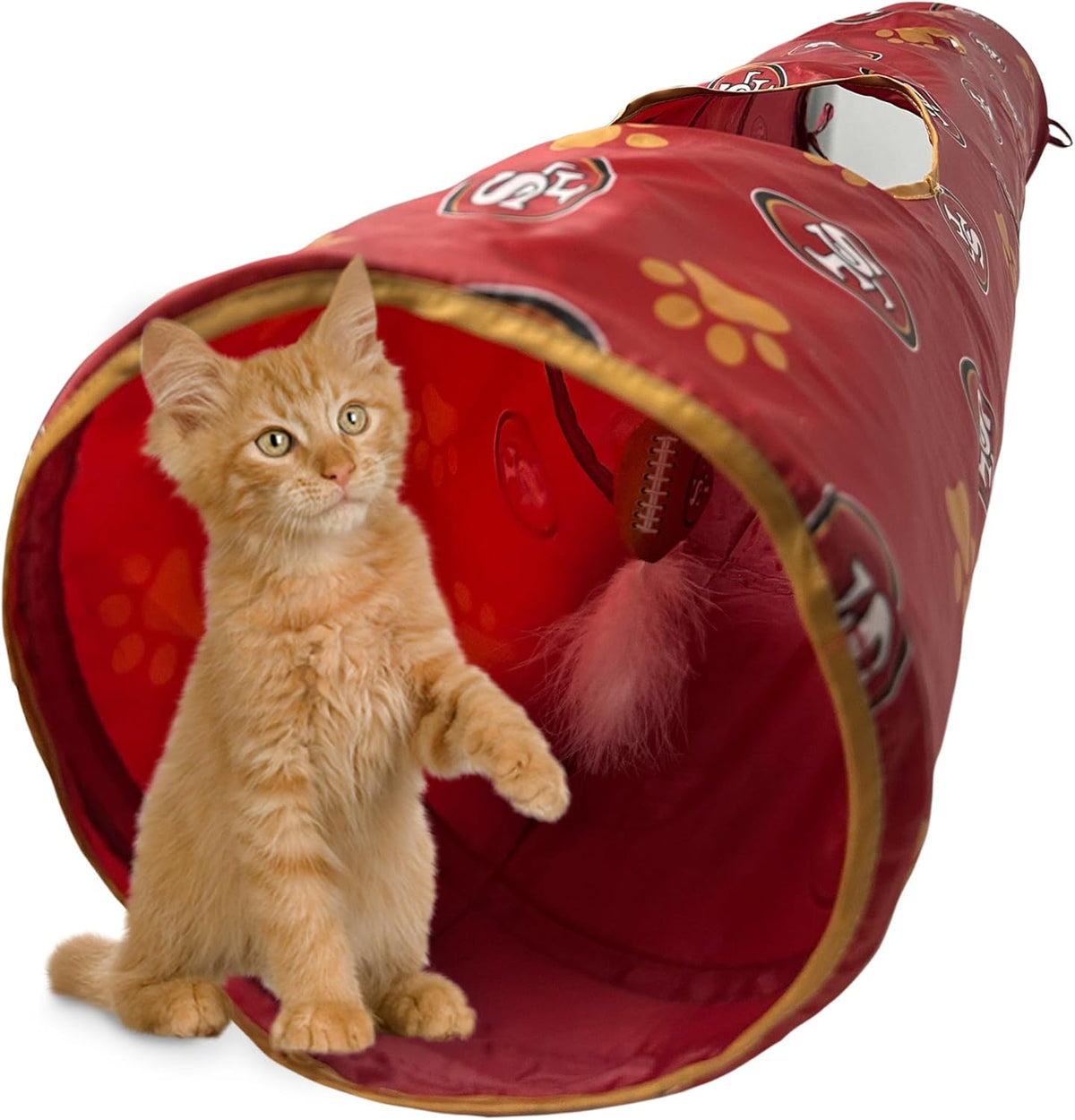 NFL San Francisco 49ers Cat Tunnel Tube Toy with Plush Football Catnip and Feathers Collapsible