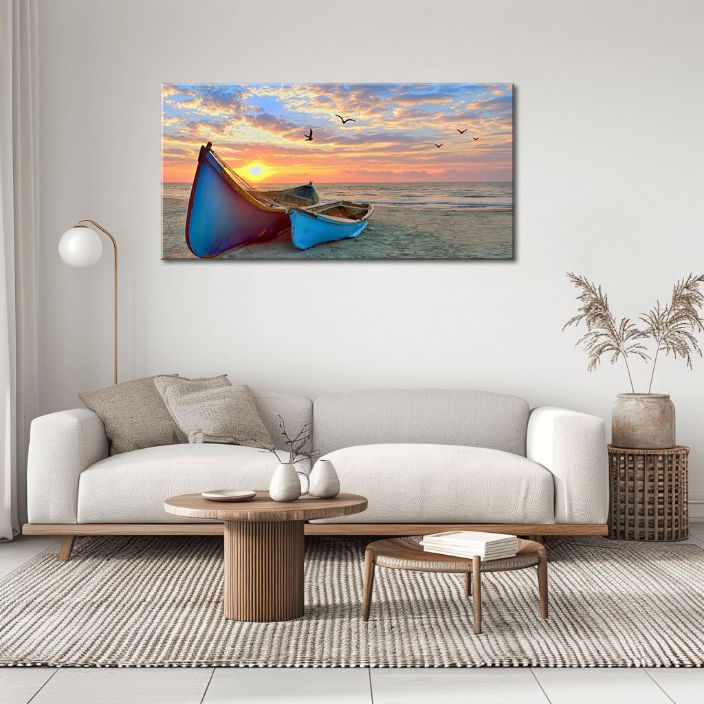 Ocean Sunset Canvas Wall Art for Living Room Sail Boat Framed Artwork Seascape Painting Coastal