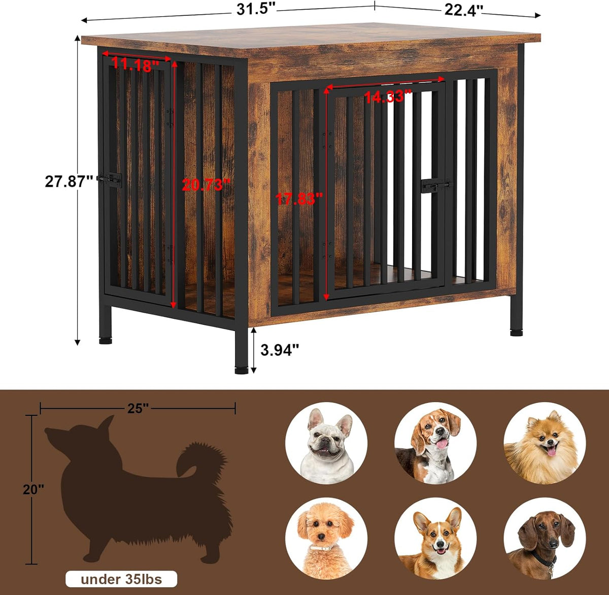 EasyCom 31.5" Small Dog Crate Furniture, Chew-Resistant Dog Crates for Small and Medium Dogs, Dog