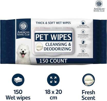 AKC Pet Wipes for Dogs & Cats – Hypoallergenic, Alcohol-Free Wipes for Paws, Face, Ears & Coat