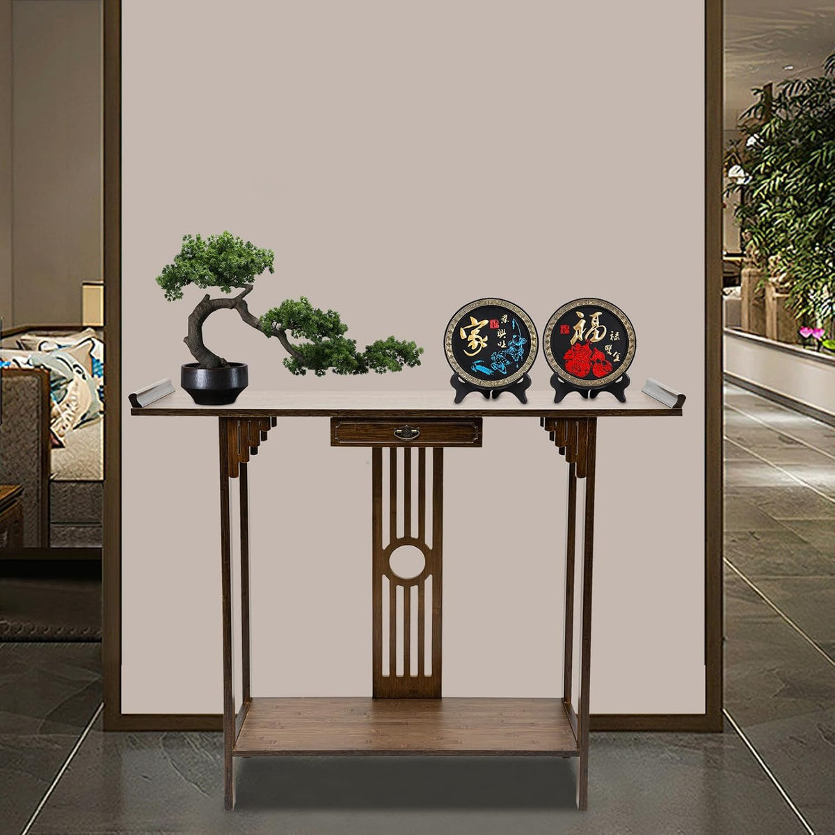 Console Table with Storage Shelves, 2 Tiers L 40.1” Narrow Sofa Table with Drawers, Bamboo Entryway