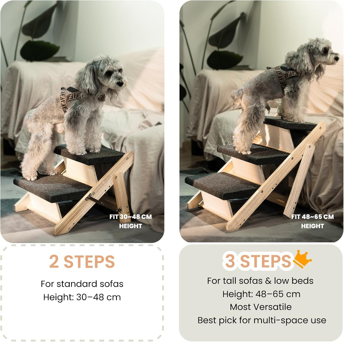 MEWANG Wood Pet Stairs & Ramp for Small/Medium Dogs and Cats, Aging Pets – 3-in-1 Foldable