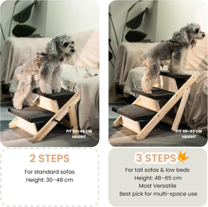 MEWANG Wood Pet Stairs & Ramp for Small/Medium Dogs and Cats, Aging Pets – 3-in-1 Foldable