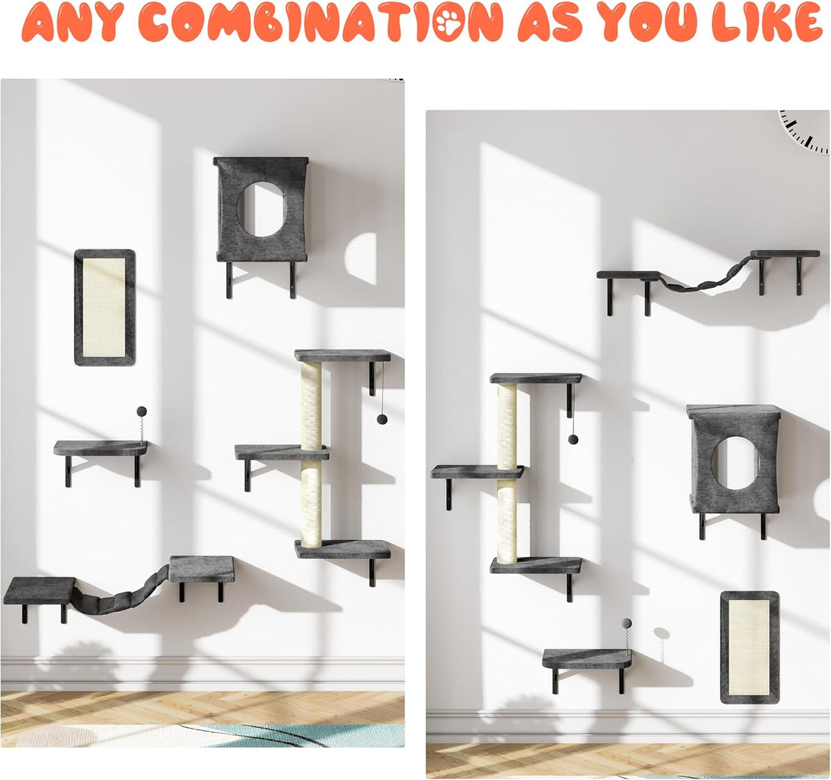 NUNU LAB Cat Wall Shelves Set, 5 Pcs Wall-Mounted Cat Climber with Cat House, Bridge, Scratching