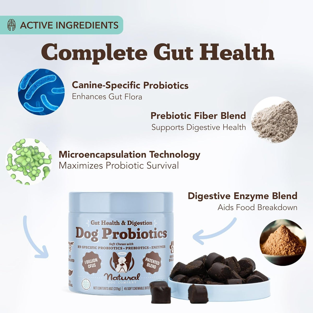 Natural Dog Company Gut Health & Probiotic Chews for Dogs (45 Ct), Prebiotics, Digestive Enzymes &