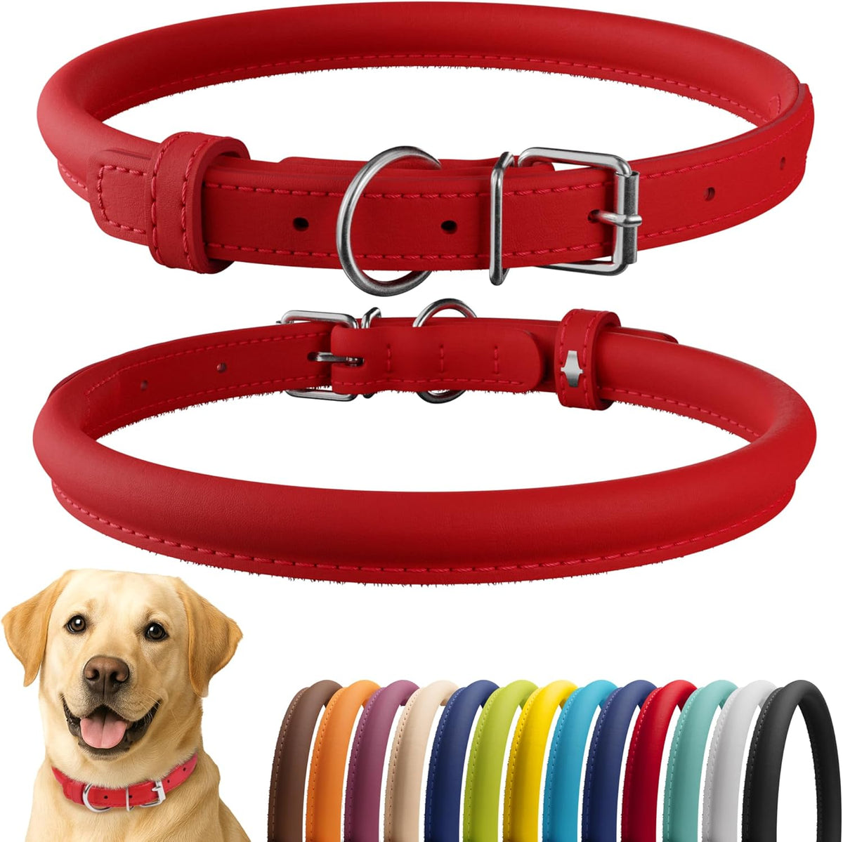 CollarDirect Rolled Leather Dog Collar, Soft Padded Round Puppy Collar, Handmade Genuine Leather