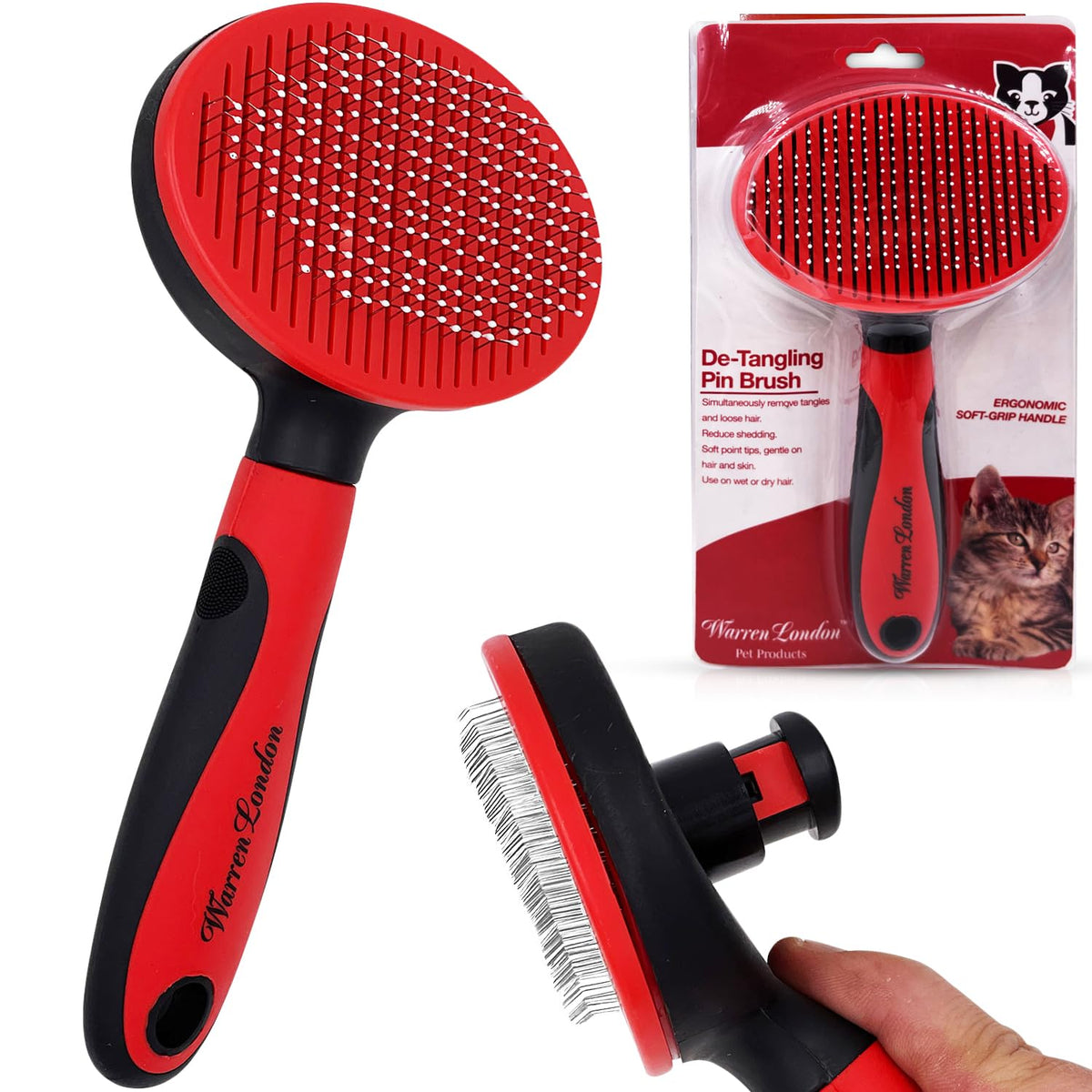 Warren London Self-Cleaning Cat Pin Brush | Push-Button Fur Ejector, Bead-Tipped Nylon Pins