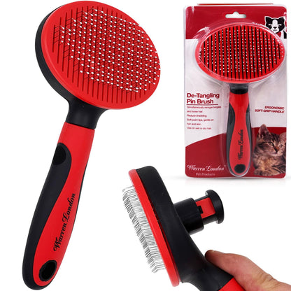 Warren London Self-Cleaning Cat Pin Brush | Push-Button Fur Ejector, Bead-Tipped Nylon Pins