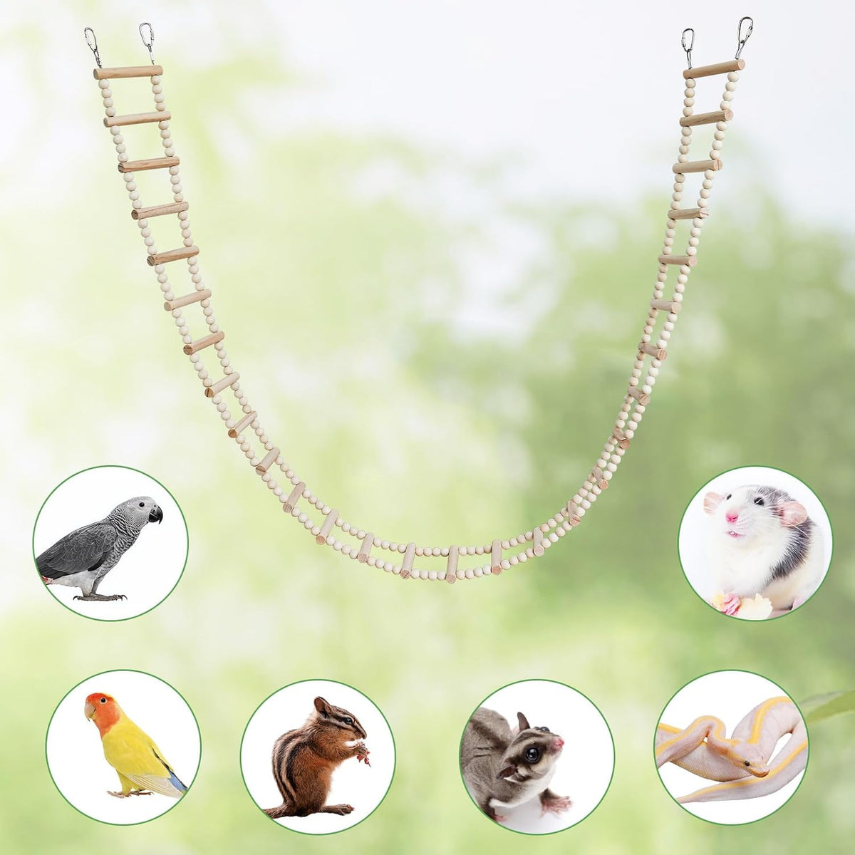 Long Bird Ladder with Wooden Rungs and Beads, Parakeet Climbing Swing Toys, Bird Cage Accessories