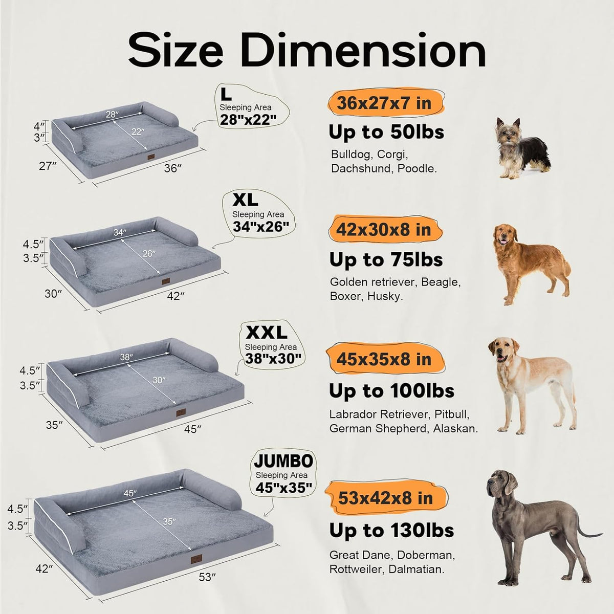 Large Dog Bed Orthopedic Washable - Beds Bolster - Medium XL XLarge Big Dogs - Memory Foam Couch
