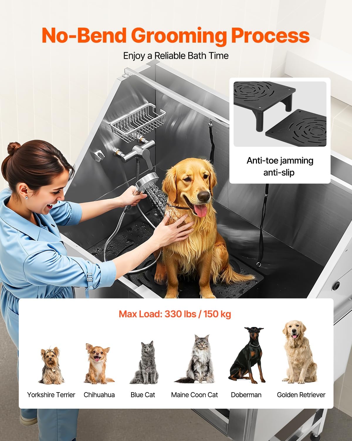VEVOR Stainless Steel Dog Washing Station, 50 inch Pet Grooming Tub w/Stairs, PE Water Filter