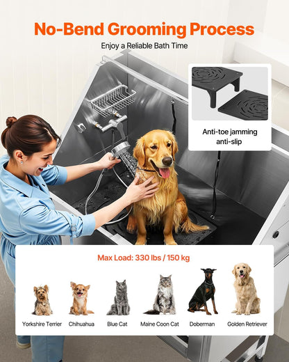 VEVOR Stainless Steel Dog Washing Station, 50 inch Pet Grooming Tub w/Stairs, PE Water Filter