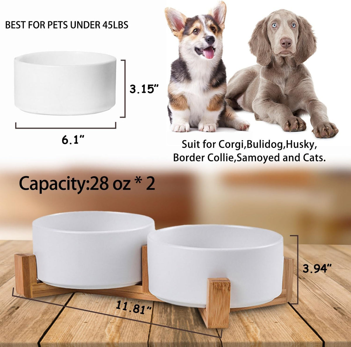 Petygooing Dog Bowls,White Ceramic Cat and Dog Bowl Set with Wood Stand for Food and Water