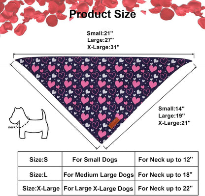 PTDECOR Valentine Dog Bandana, White Purple Love Heart Design Reversible Dog Scarf, Triangle