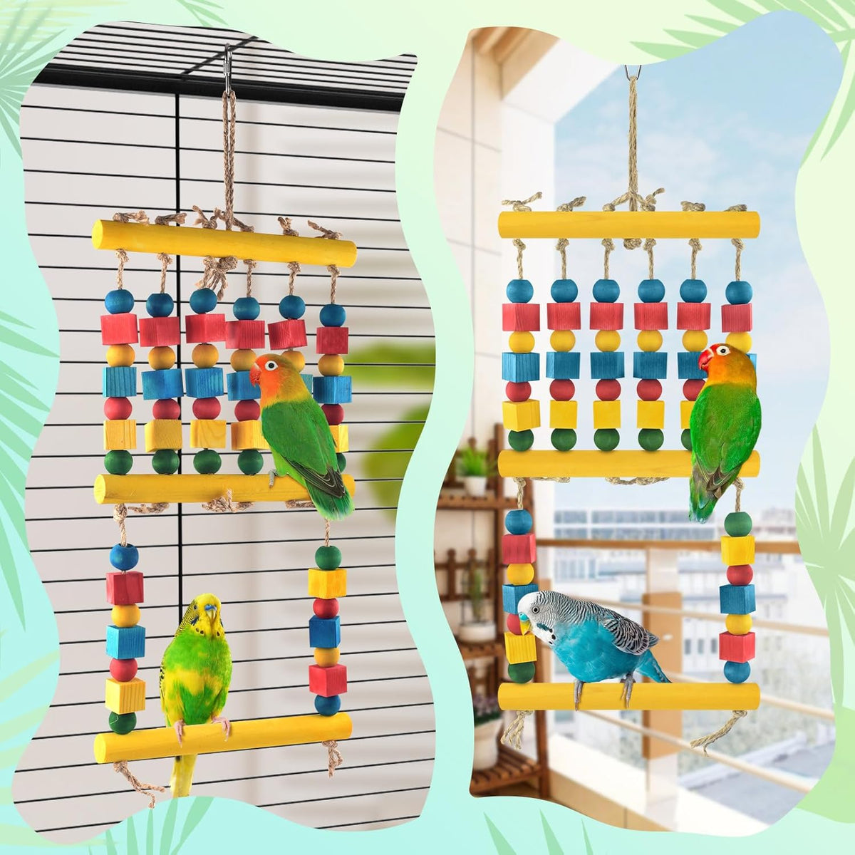 Bird Swing, Parrot Chew Toy with Wooden Perches Stand, Hanging Colorful Wood Block Bird Cage