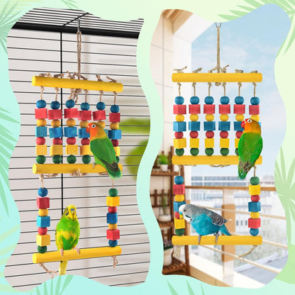 Bird Swing, Parrot Chew Toy with Wooden Perches Stand, Hanging Colorful Wood Block Bird Cage